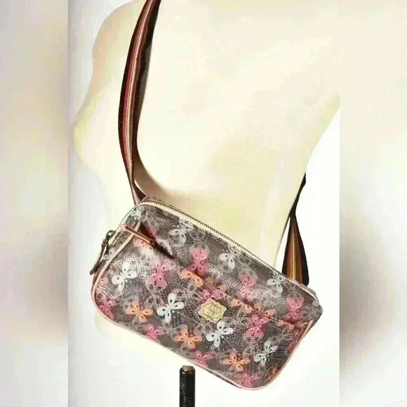 ANNA SUI Grey Orange Blue Spring Butterfly  Print Faux Snakeskin Zipped Belt Bag - Picture 2 of 11